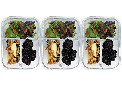 Glass Meal Prep Containers with 3 Compartment - Food Storage Container Set with Airtight Snap Locking Lids with Cutlery Compartment - Portion Control - 3-Pack