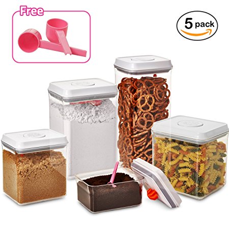 5 pc. Pop Up Set Clear Food Containers w Airtight Lids for Kitchen and Pantry Storages - Storage for Cereal, Flour, Cooking - BPA-Free Plastic Guru Products