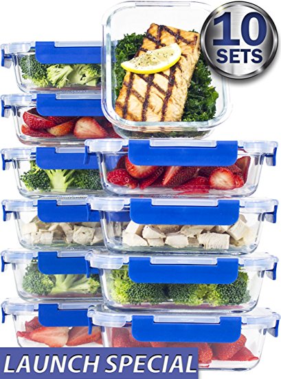 [10 SETS VALUE PACK] Glass Meal Prep Containers – Glass Food Storage Containers with Lids Meal Prep – LIFETIME Lids - Lunch Containers Portion Control Containers -BPA Free Containers(24 ounce/3 cups)