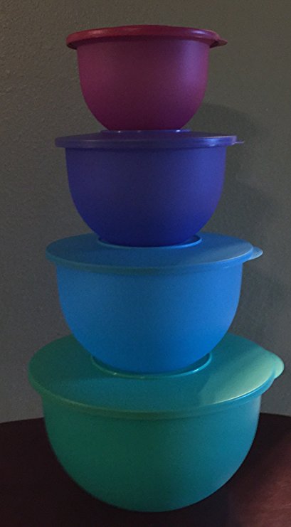 Tupperware Impressions Classic Bowl Set of 4 in Sea Green, Cool Aqua, Lupine and Radish.