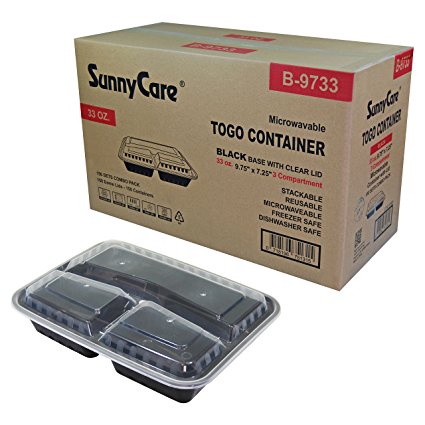 #B9733 SunnyCare 33 oz.Black 3-Compartment Rectangular Microwavable Container with Lid -150/Cs